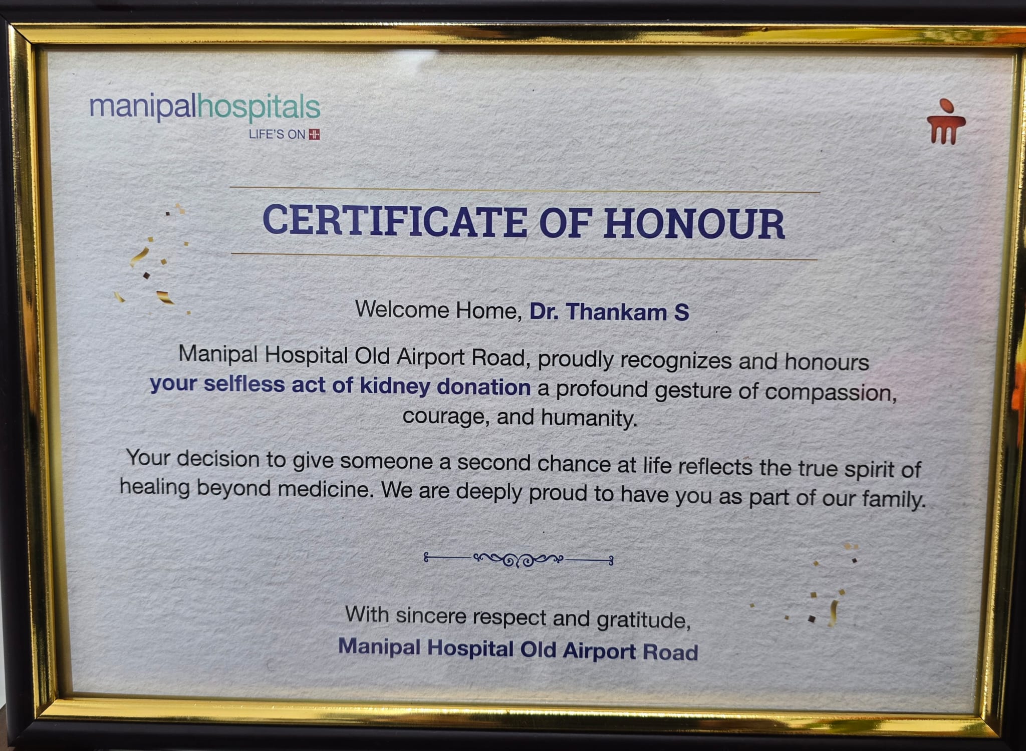 Certificate honoring the gift of life